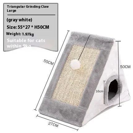 Triangular cat bed cage with sisal scratching surface in grey and white colour