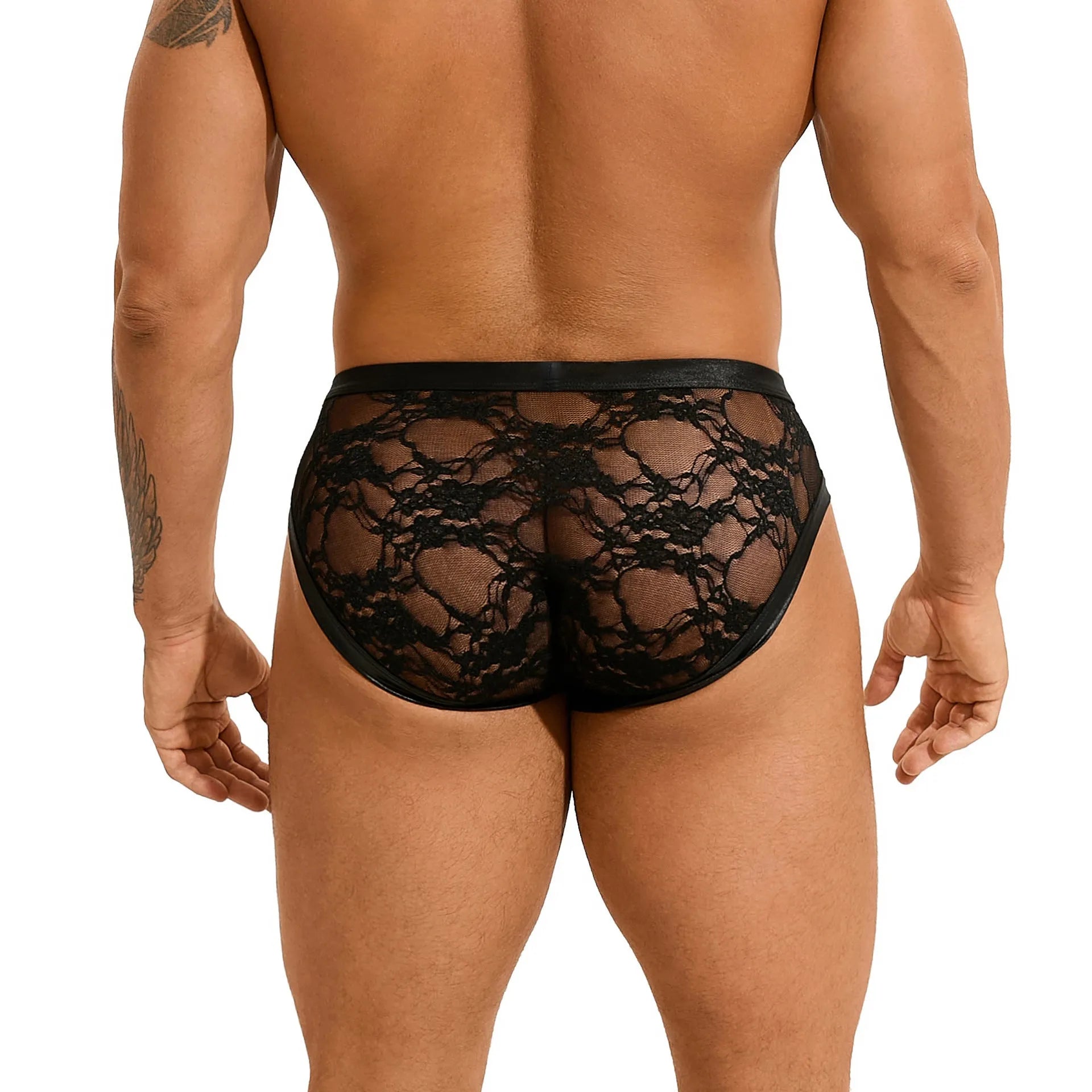 Men's black faux leather briefs with decorative stitching and lace trim