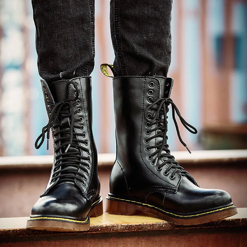 Men's black leather lace-up casual shoes with round toe and flat heel.