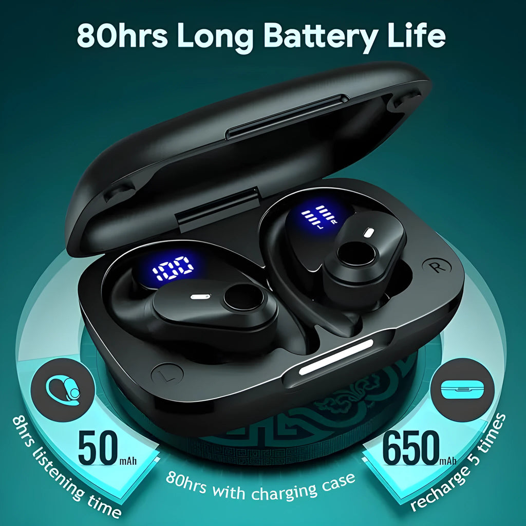 Black wireless Bluetooth headphones with ear hook silicone design and digital display