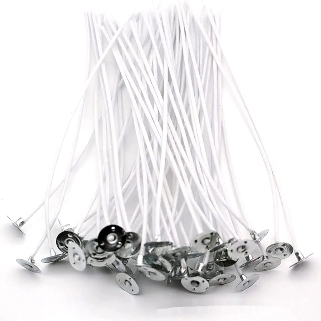 White cotton candle wicks for DIY candle making in three lengths: 2.6cm, 6cm, and 8cm