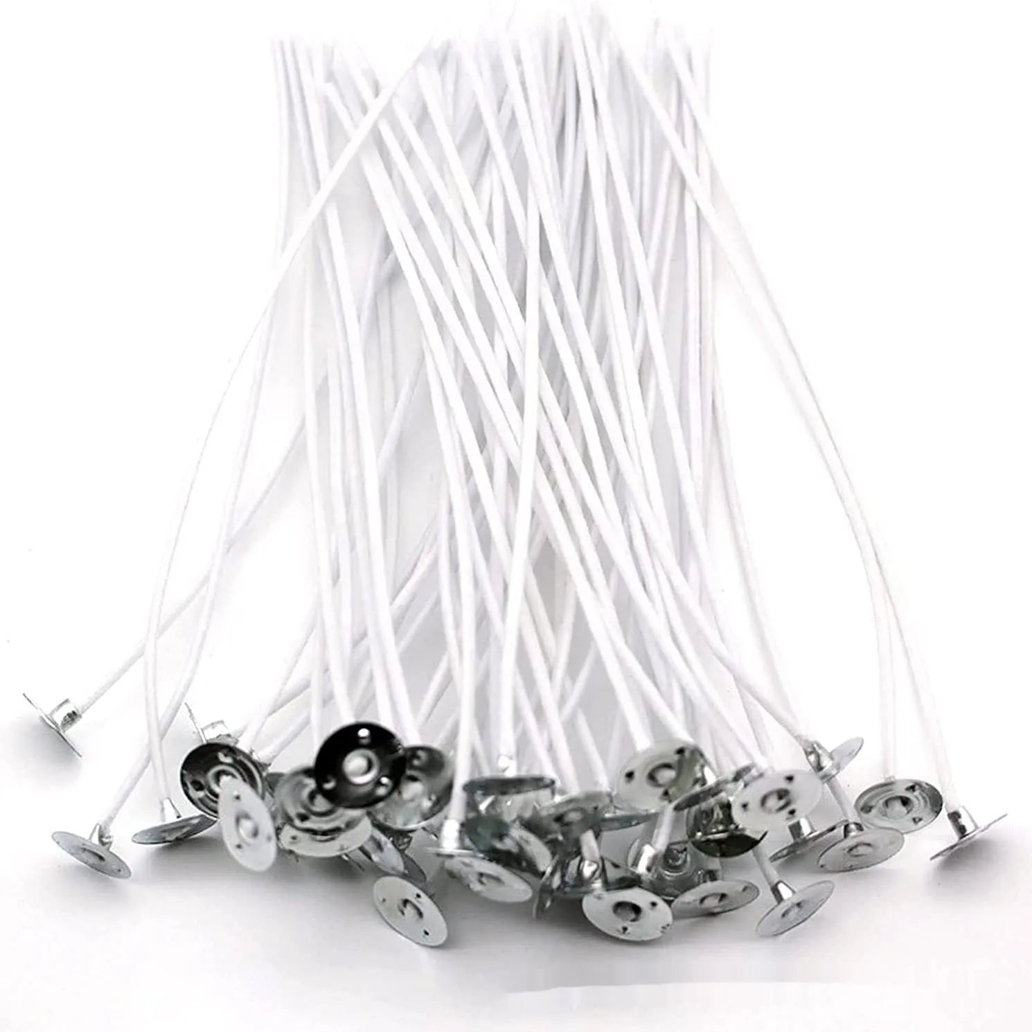 White cotton candle wicks for DIY candle making in three lengths: 2.6cm, 6cm, and 8cm