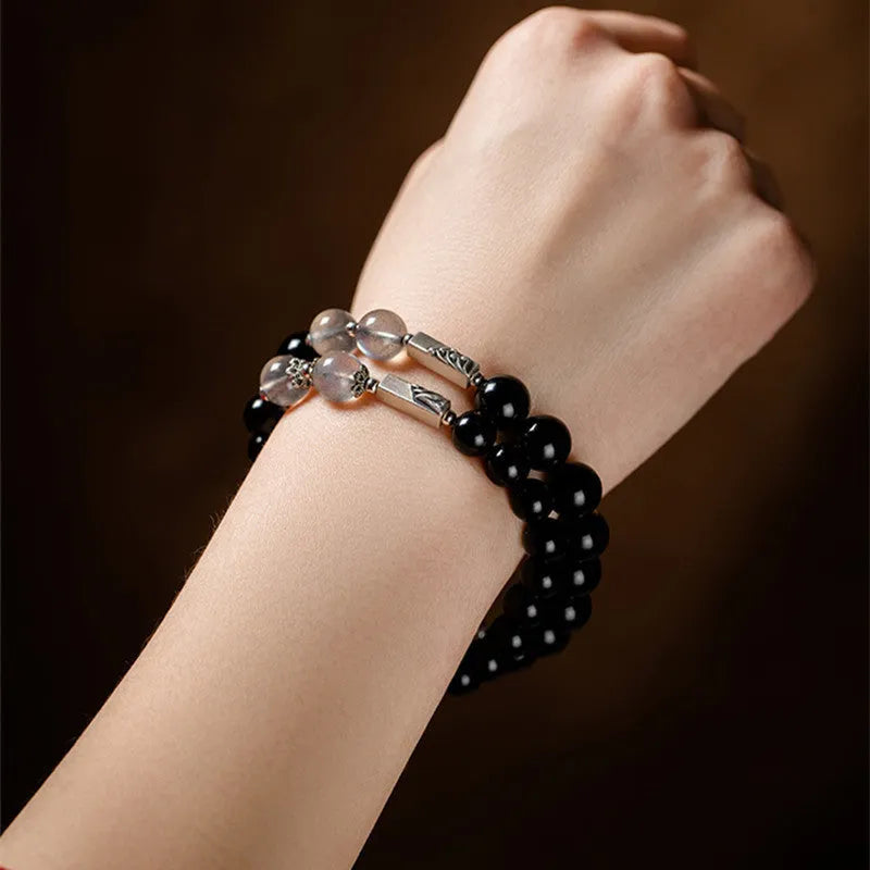 Black obsidian Buddha beads couple bracelet DIY set showing 8mm and 10mm bead sizing