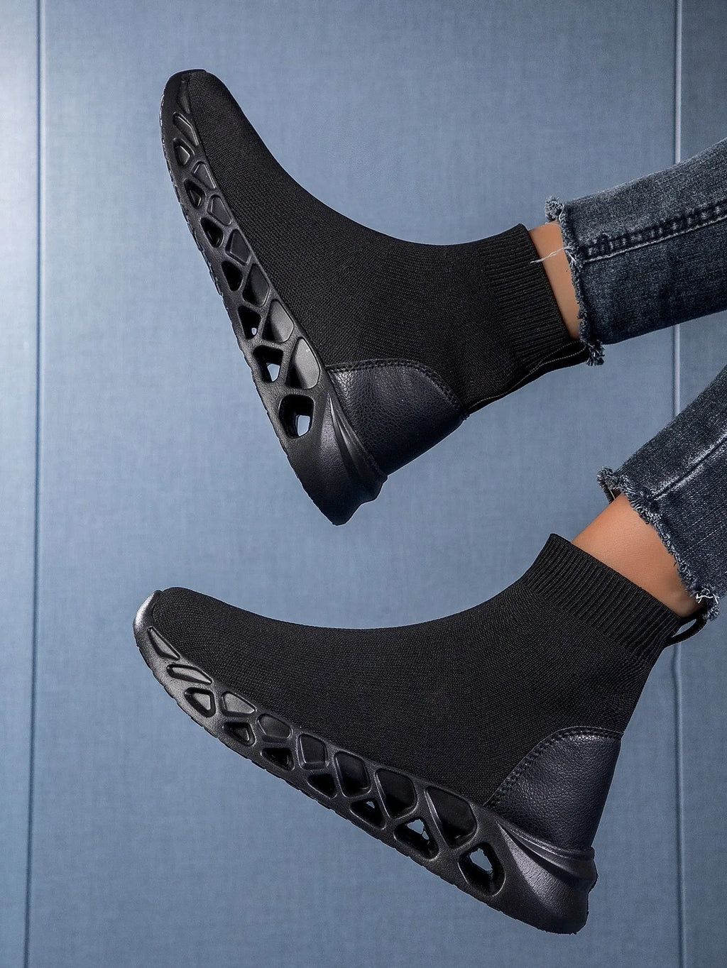 Women's casual mesh sock boots in black colour with flat sole and round toe design