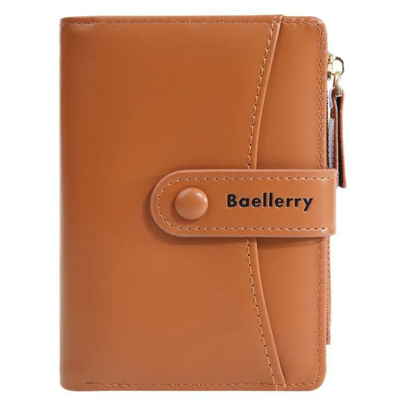 Women's PU short wallet showing six colour options: pink, black, yellow, blue, apricot and brown