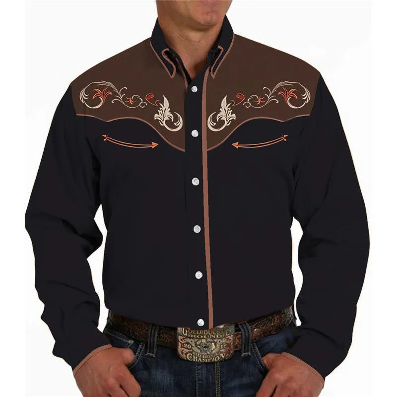 Men's casual 3D printed polyester lapel long sleeve pullover shirt in colour match pattern, loose fit, size S to 6XL