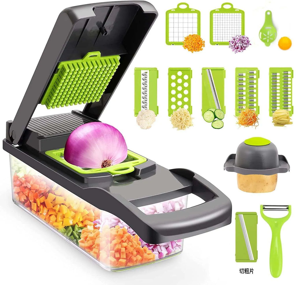 Grey stainless steel vegetable cutter set with 8 interchangeable blades, hand guard and accessories, 33.5x10x12.5cm