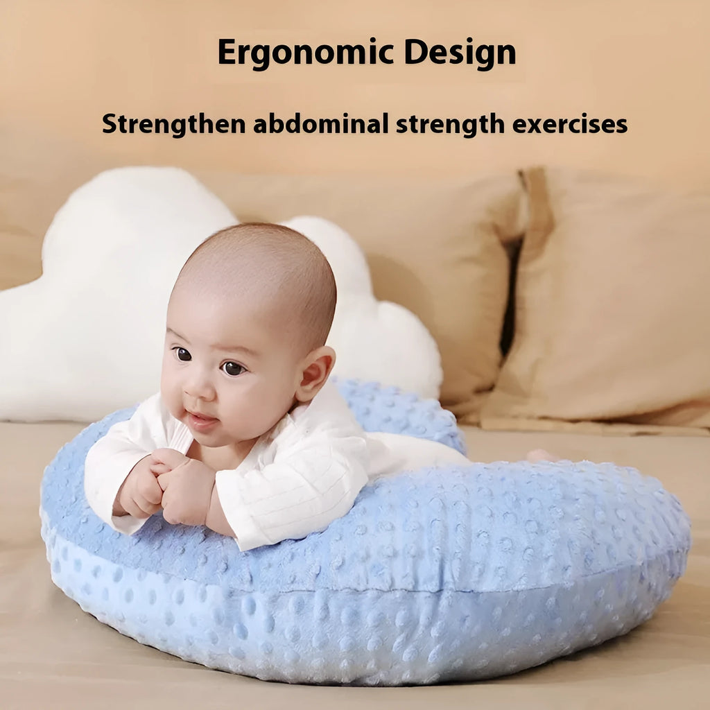 Nursing pillow with removable cover in pink, yellow, gray, and light blue colours