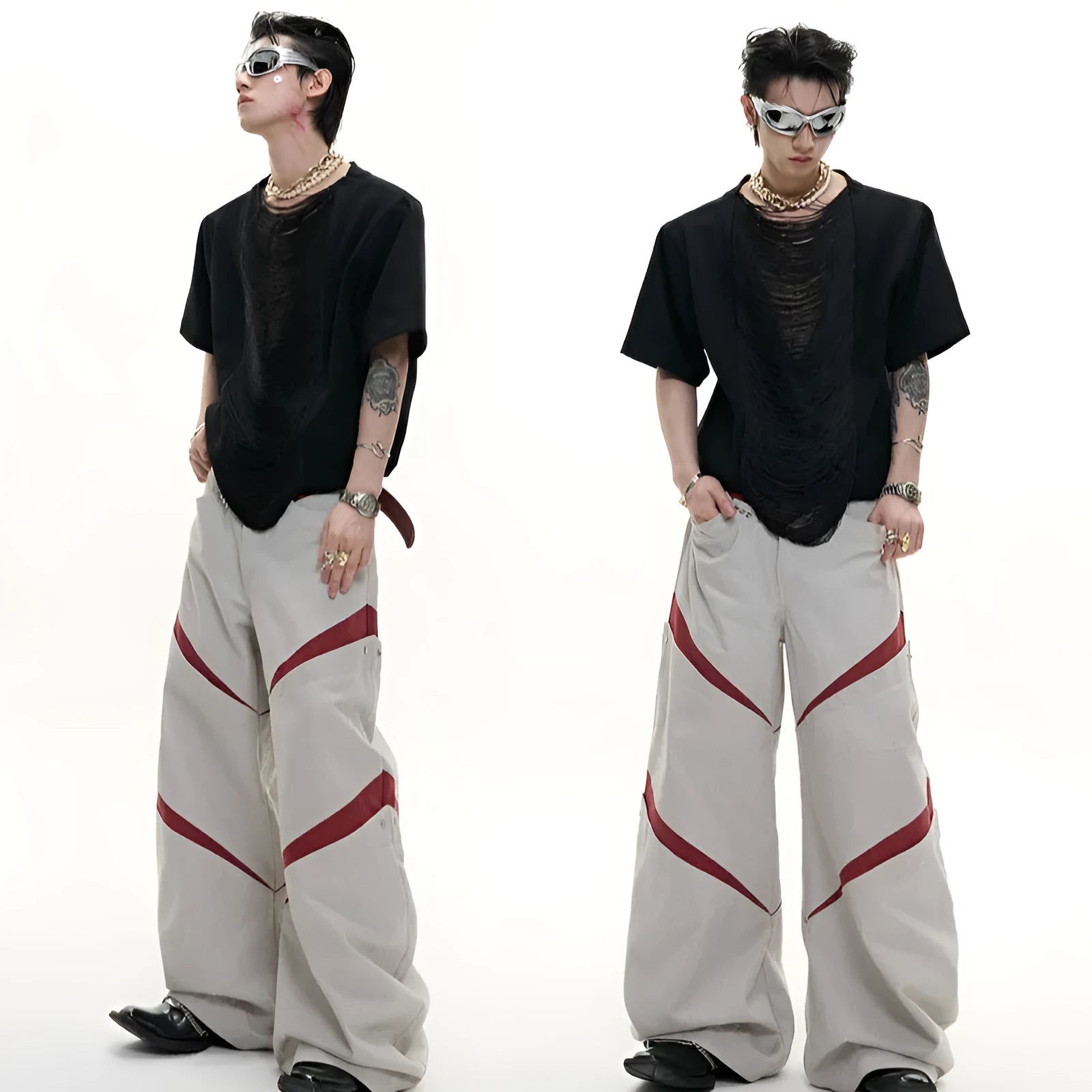 Men's black hollow out V-neck short sleeve loose fit polyester t-shirt on a hanger.