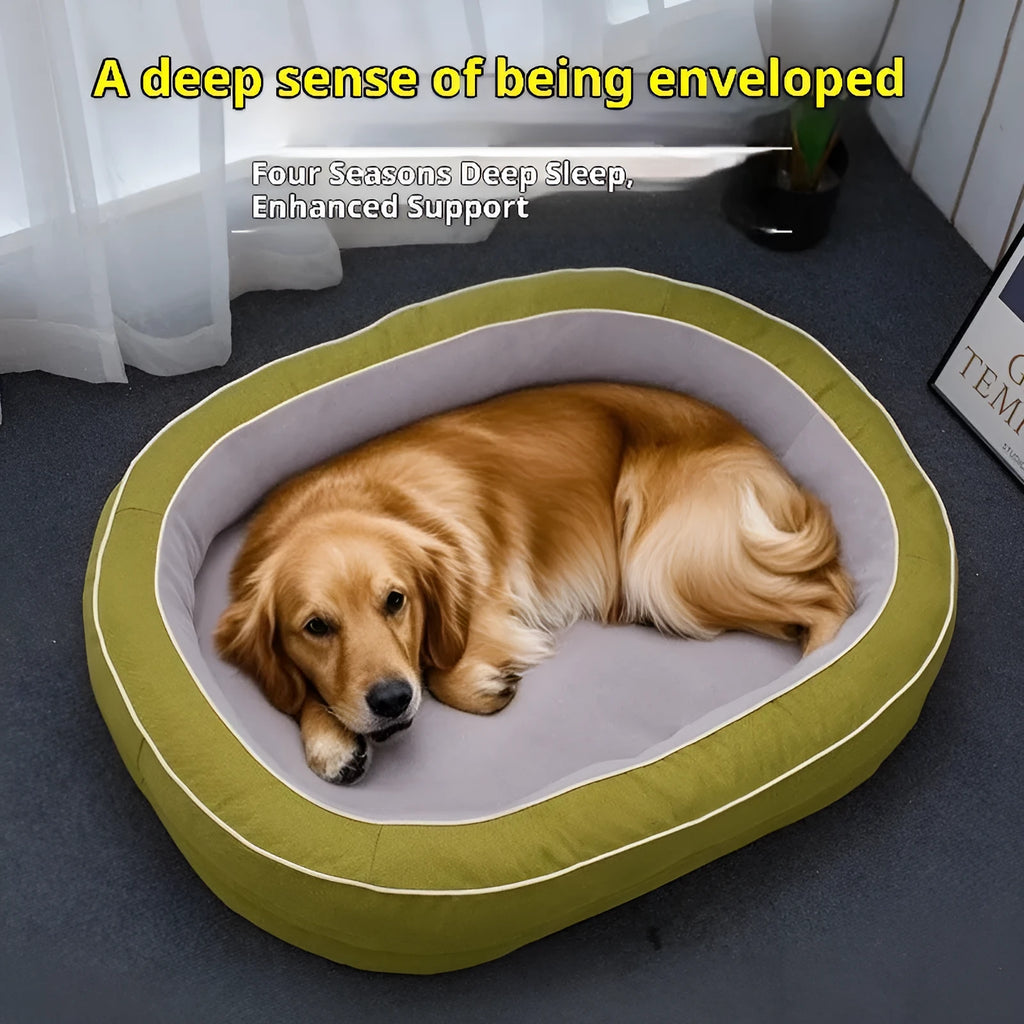 Oval removable cloth pet bed for dogs in green colour with visible stitching