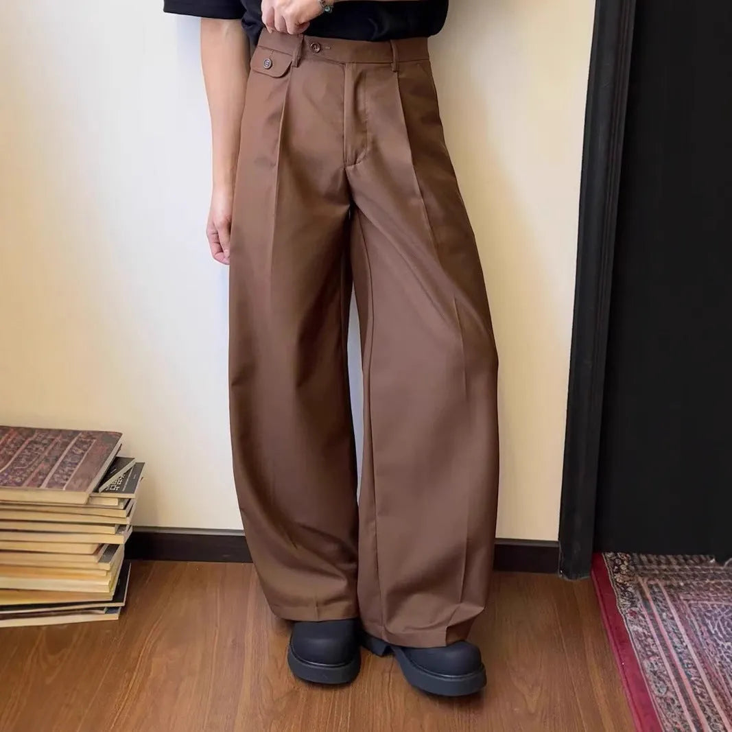Men's straight loose wide-leg casual suit pants in black or brown draping polyester blend fabric