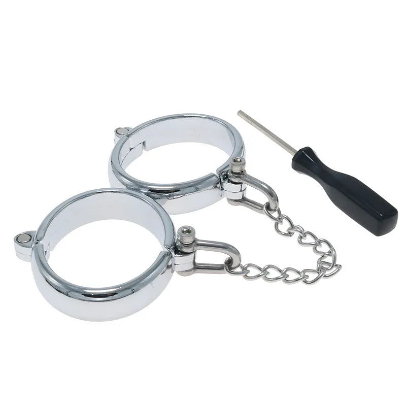Silver zinc alloy handcuff and footcuff set with stainless steel watch bracelet fastening