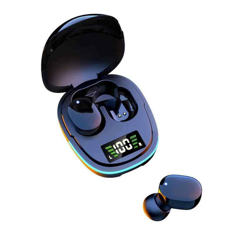 Black true wireless Bluetooth in-ear headphones with charging case on dark background
