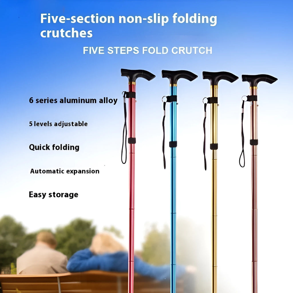 Aluminium folding walking cane extended, showing non-slip handle and adjustable shaft.
