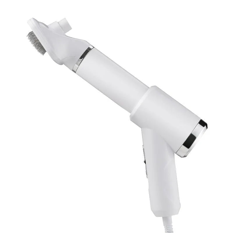 Pet hair dryer with hot air comb attachment for dog grooming showing beige and blue comb options