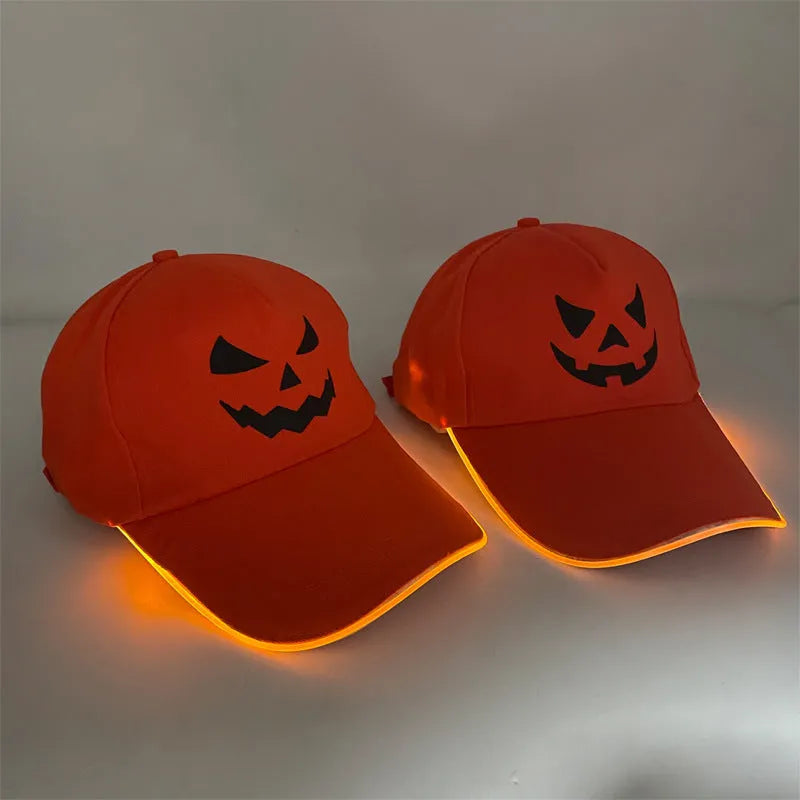 Halloween LED baseball cap with light-up front panel showing pumpkin smile design
