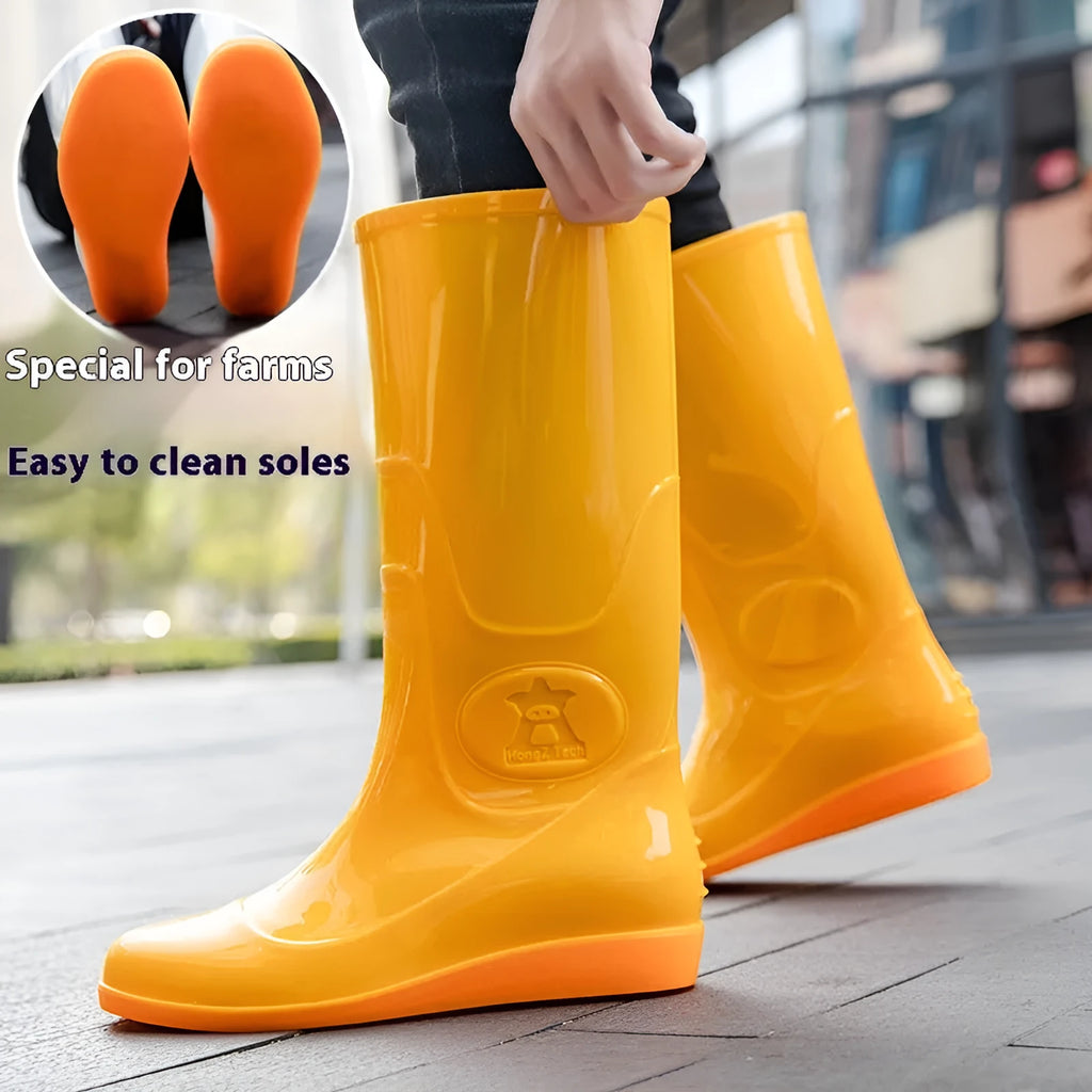 Men's white plastic rain boots with high tube design and flat heel