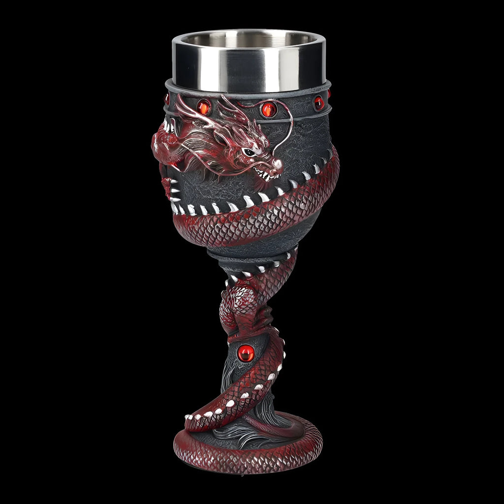 Red wine glass with Chinese dragon 3D art design and stainless steel stem