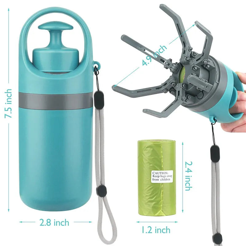 Blue portable dog pooper scooper with eight-claw mechanism and built-in bag dispenser