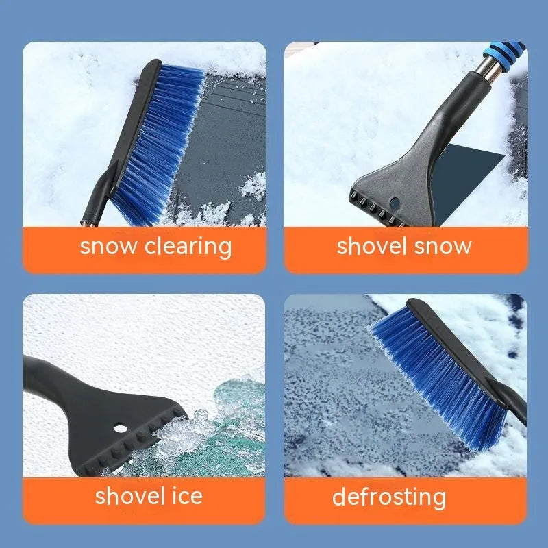 Blue telescopic car snow brush and ice scraper with a wide snow plough blade for winter car cleaning