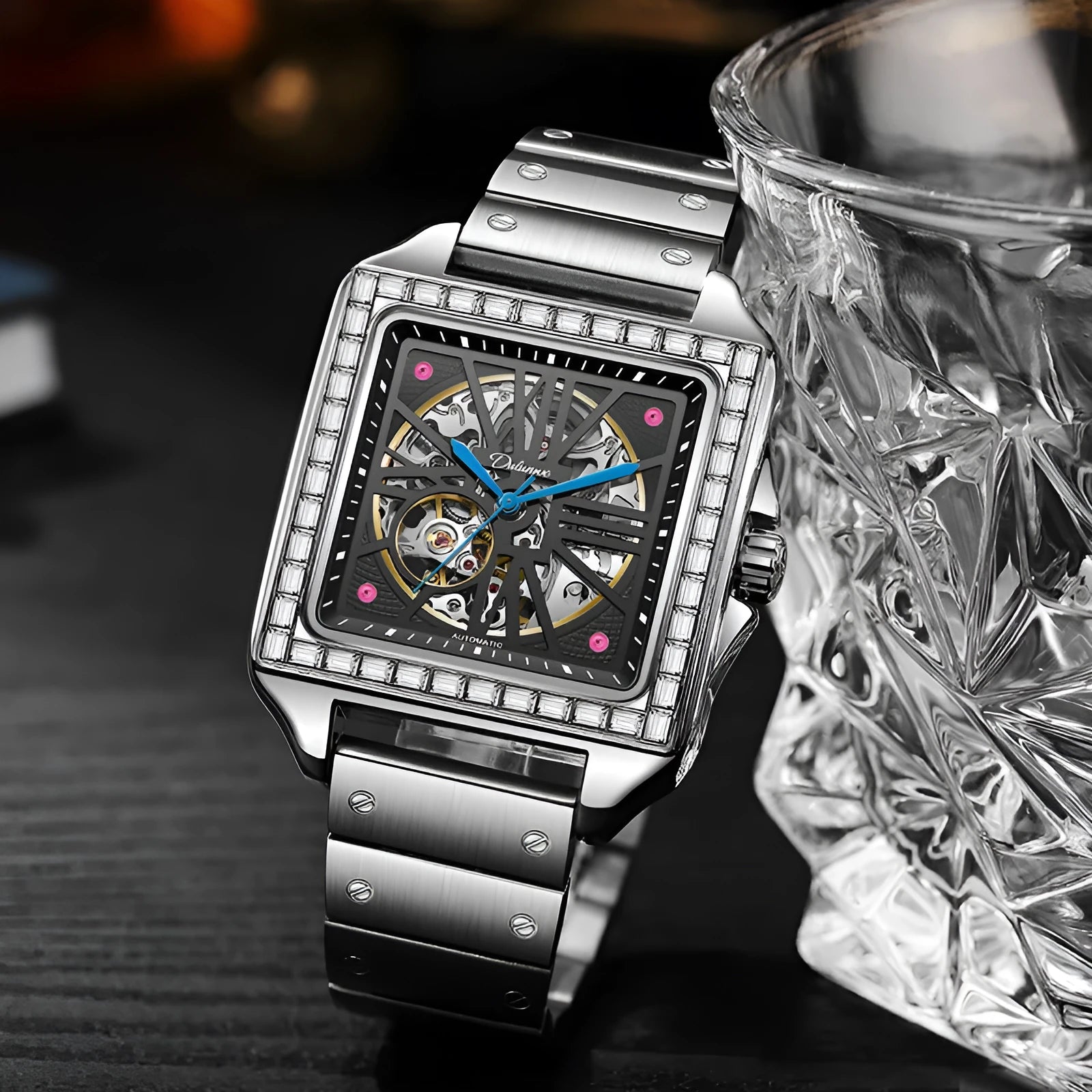 Men's square automatic watch with diamond-studded bezel on black leather strap