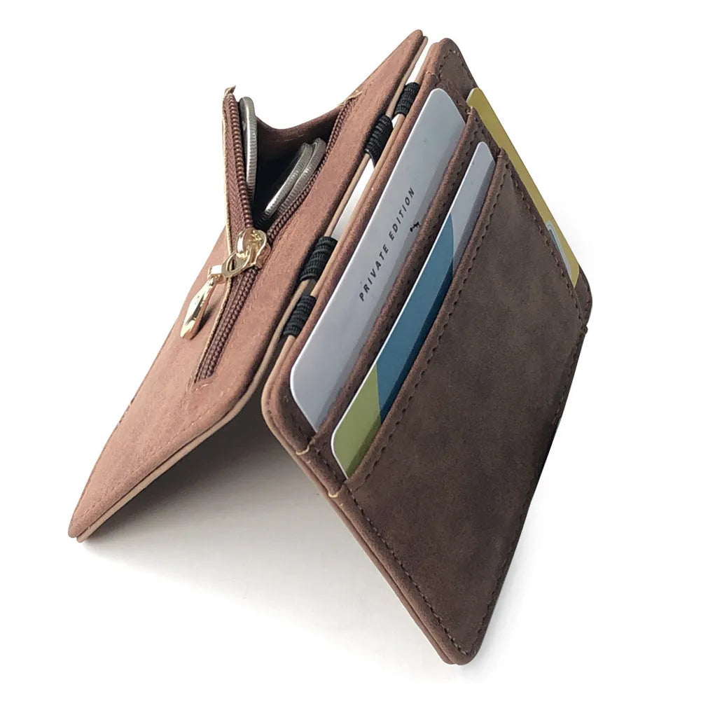 Korean-style matte leather magic wallet with coin pocket in horizontal square shape