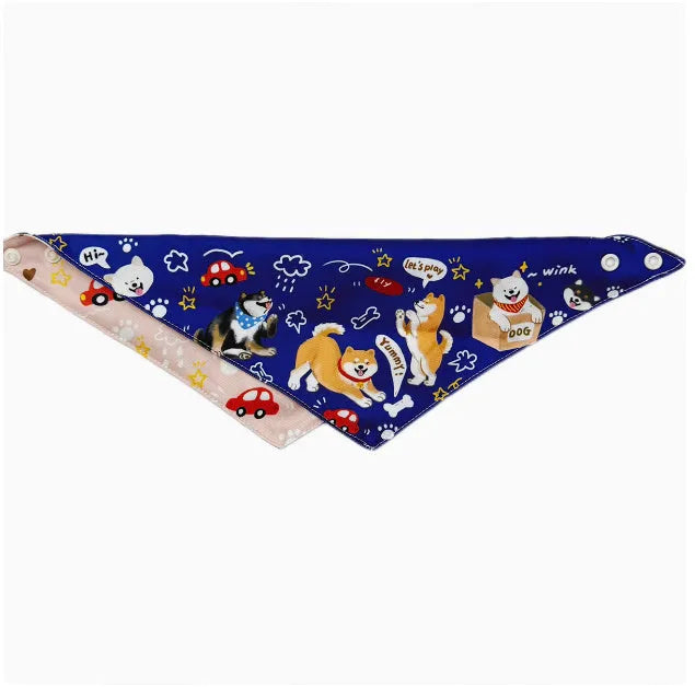 Shiba Inu wearing a reversible triangular binder scarf in pink with blue, size M, on a dog with a 30-40cm neck