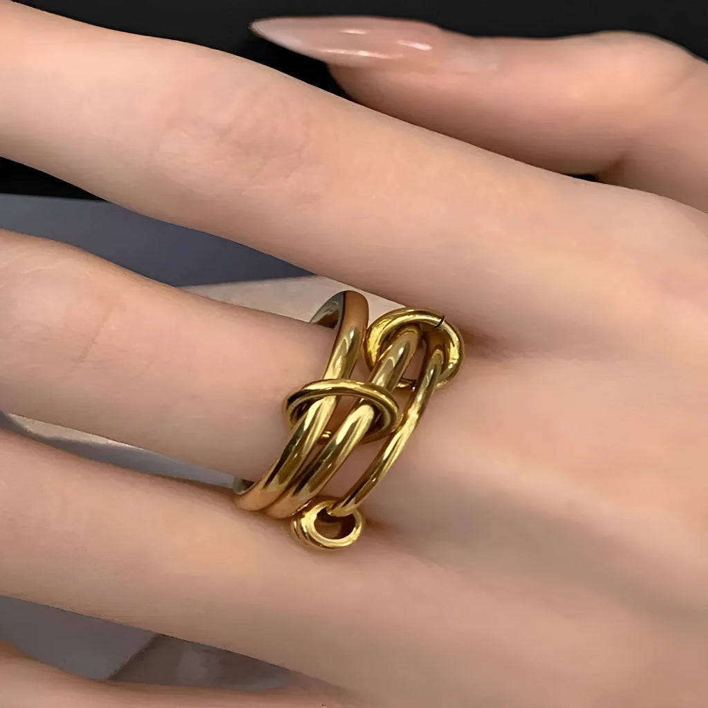 Titanium steel ring in Trinity ring gold B398 with geometric line design, womens fashion OL style