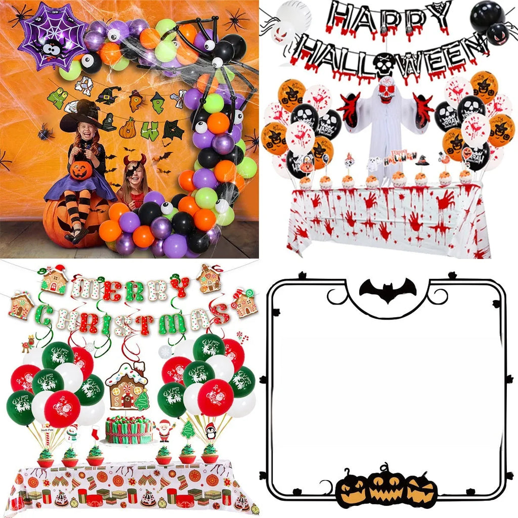 Halloween spider balloon arch decoration set with white and black skull and pumpkin balloons