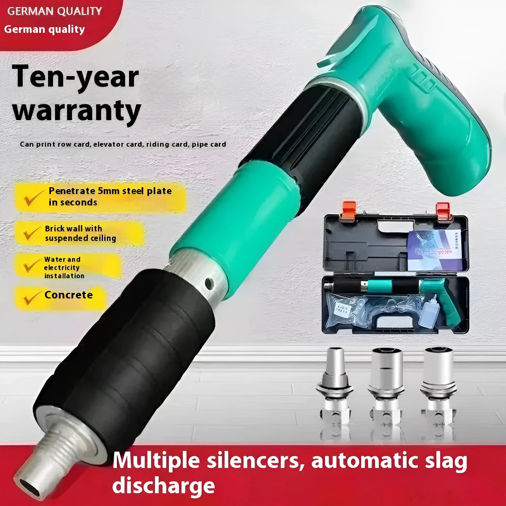 Mini ceiling nail gun with side exhaust, 25mm nail length, and green toolbox