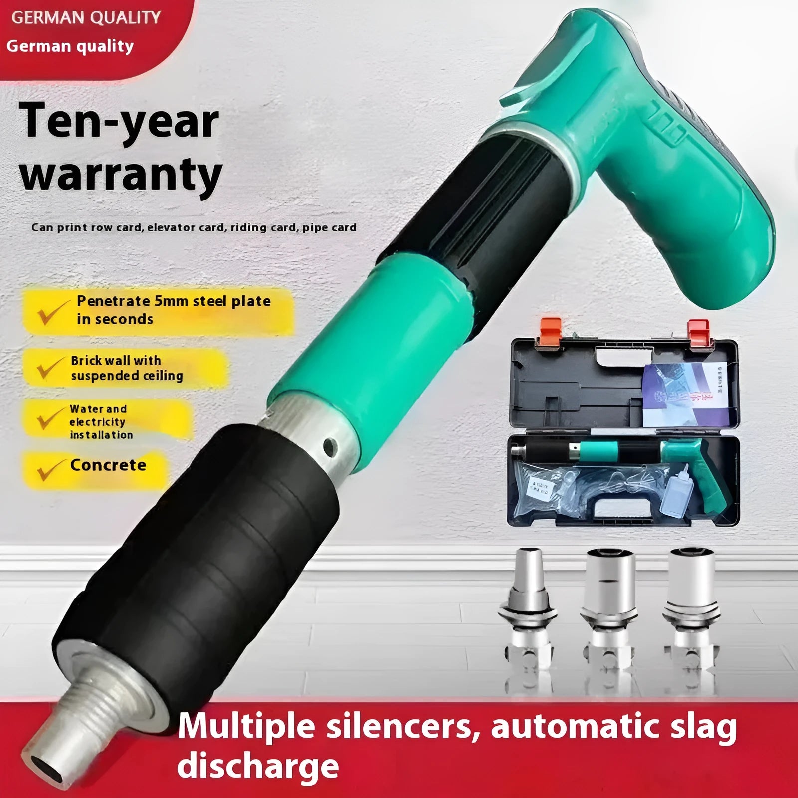 Mini ceiling nail gun with side exhaust, 25mm nail length, and green toolbox