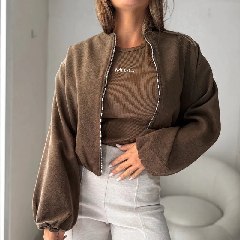 Women's milky white off-shoulder coat with lantern sleeves and round neck design