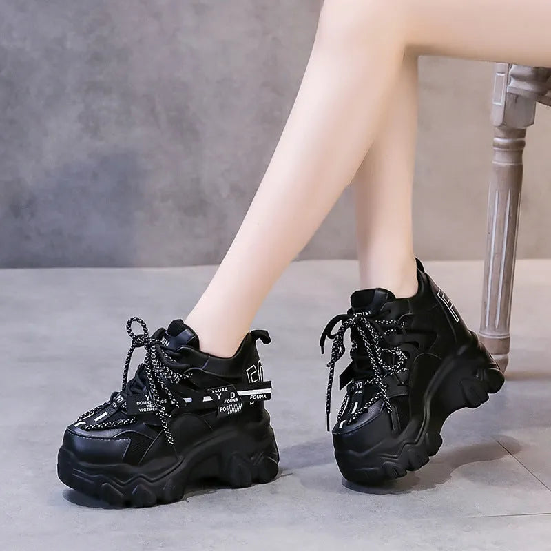 Women's white breathable mesh platform sports shoes with cross strap and 6-8 cm heel.