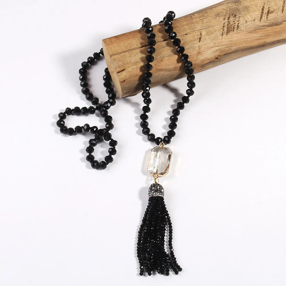 Square glass pendant necklace with glass tassel, electroplated finish, knot chain, 81cm length, bohemian style