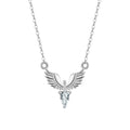 Close-up of a women's silver necklace with an eagle pendant on an adjustable O-ring chain.