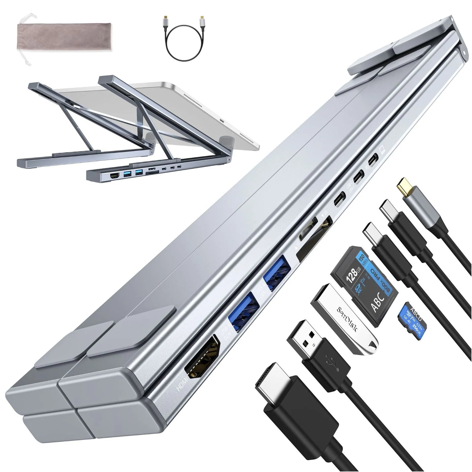 Aluminium multi-interface laptop docking station with folding stand and 0.6m cable.