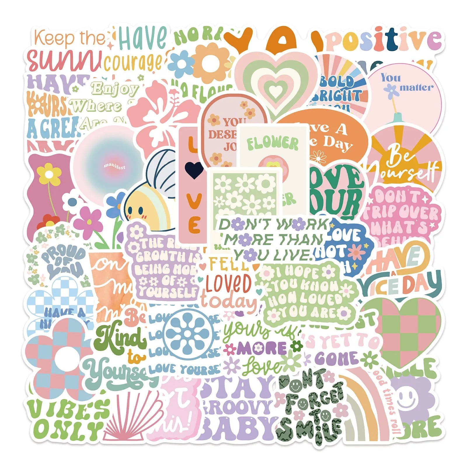 Danish pink motivational vinyl stickers with cartoon and graffiti designs, 4-6cm in size, for laptops and luggage.