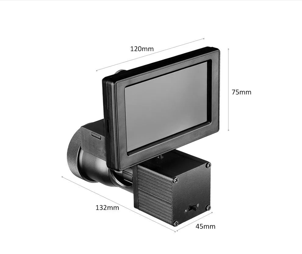 Black digital night vision monocular with lens and 4.3-inch screen, shown with two 18650 batteries.
