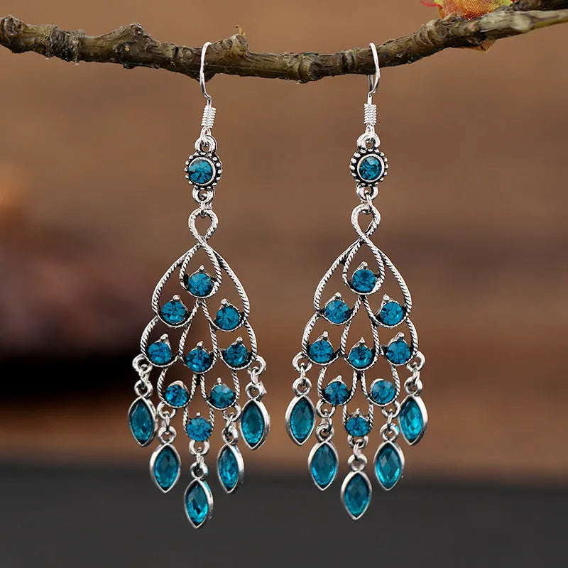 Purple retro fringe drop earrings with ethnic style design and long crystal detailing