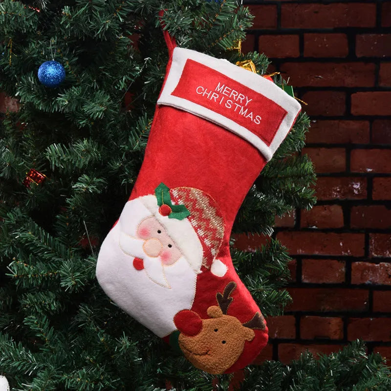 Non-woven fabric Christmas candy bag hanging as a stocking, available in Elk, Old Man, or Snowman print designs.