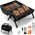 Small folding desktop charcoal barbecue grill stove for portable smoking and grilling.