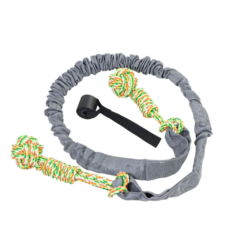 A black, grey, or red cotton rope dog tug of war toy for interactive play.