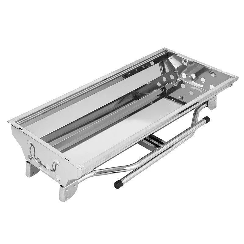 Large stainless steel portable folding barbecue oven with grill, shown unfolded for use.