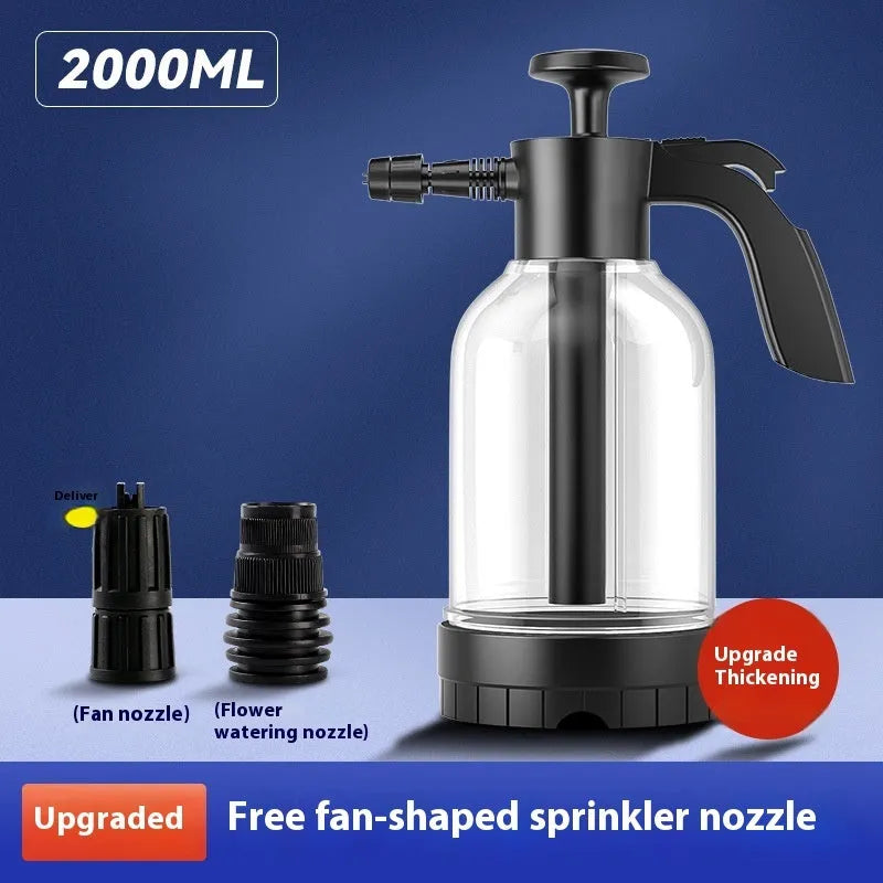 Hand-held 2 litre car wash foam sprayer gun with electric pump and high-pressure water cannon attachment.