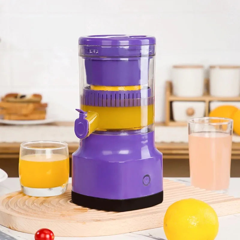 Purple USB rechargeable electric citrus juicer with detachable jug on a kitchen counter.