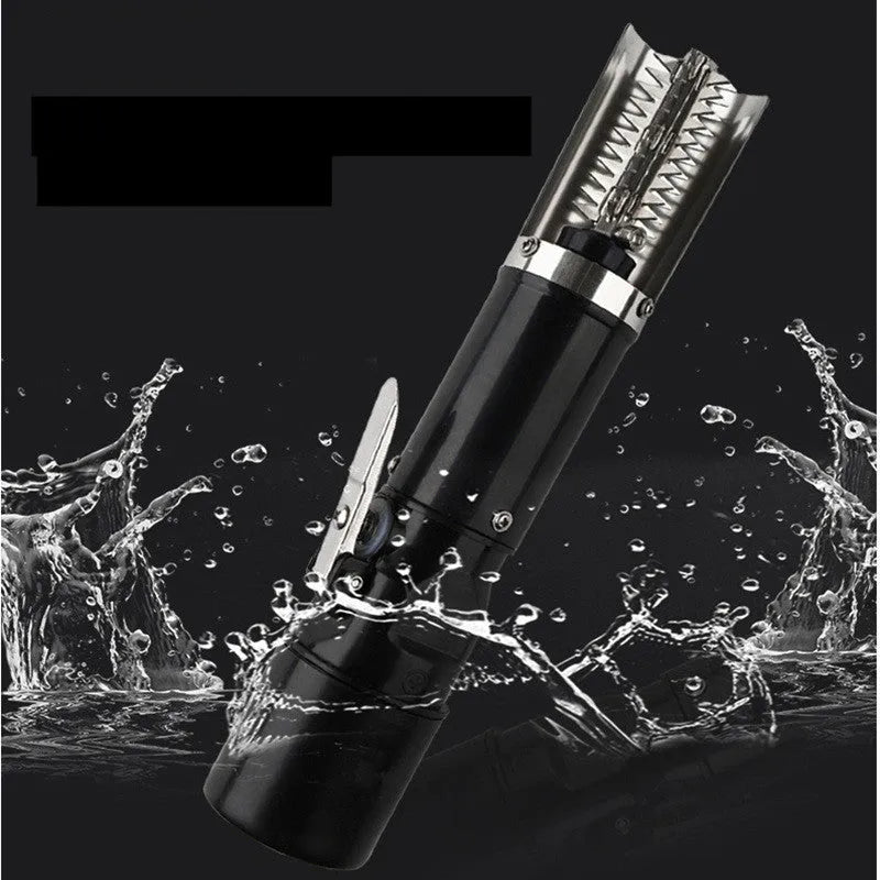 Black electric fish scale descaling tool with brush head on white background
