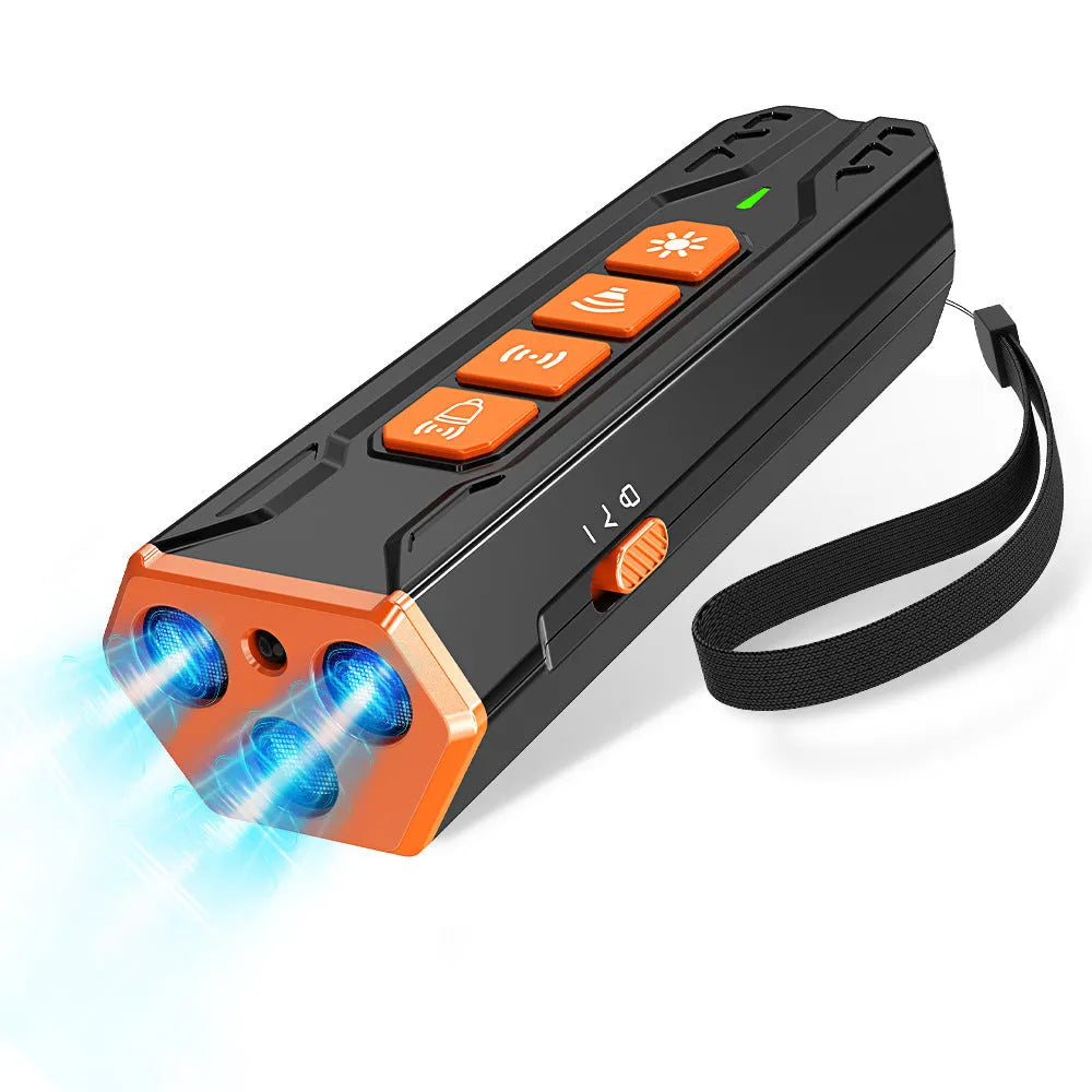 Three-head ultrasonic dog trainer with remote control in black and orange colour