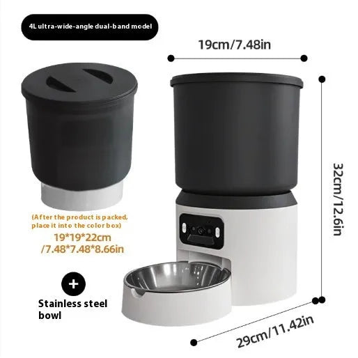 White 4L smart pet feeder with app control and optional camera on a kitchen floor.