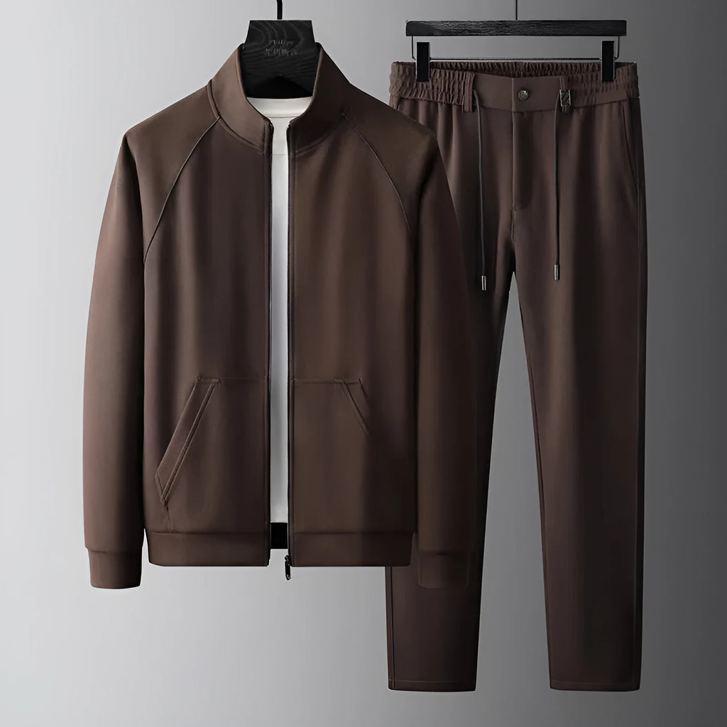 Men's stand collar slim fit sports suit jacket and trousers in coffee colour