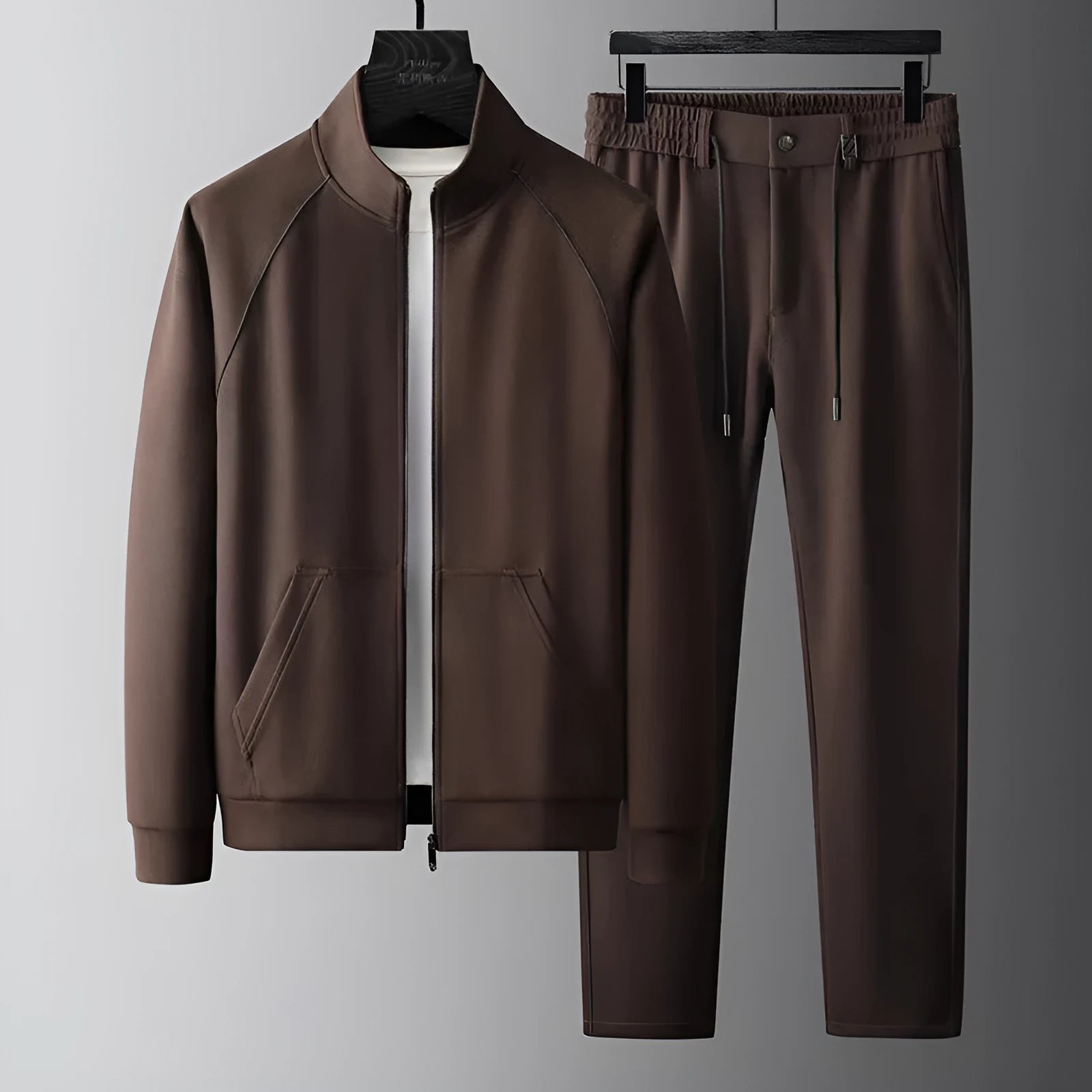 Men's stand collar slim fit sports suit jacket and trousers in coffee colour